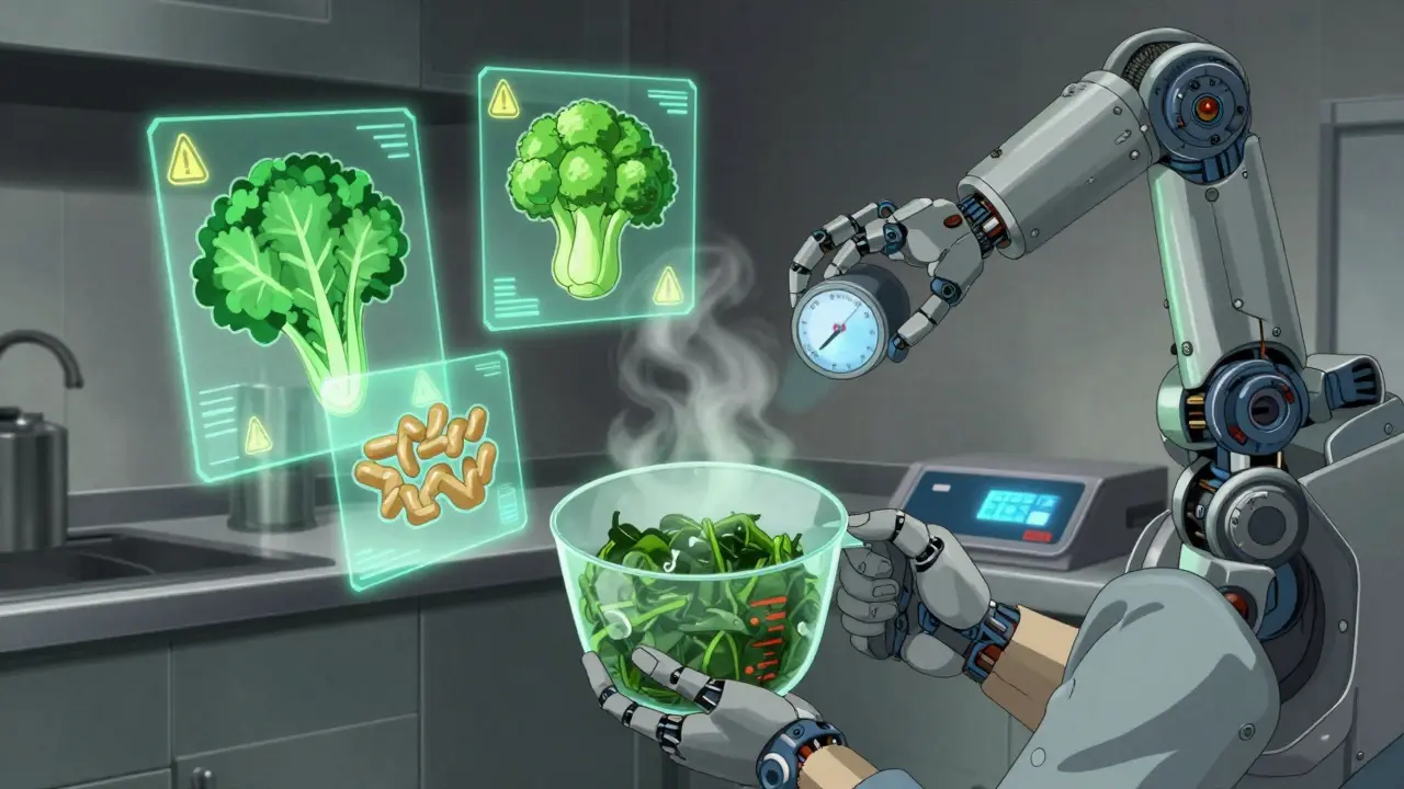 A person measuring spinach with holograms of high-vitamin K foods floating around them.