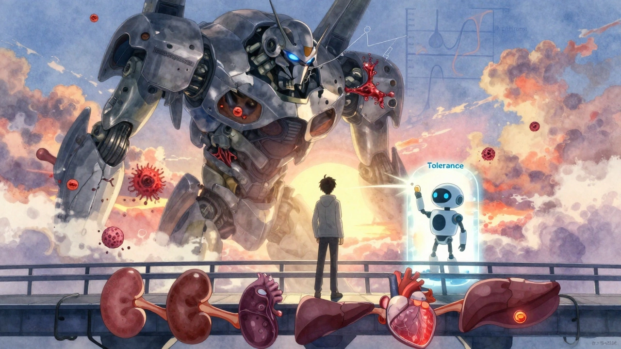 A person on a bridge of organs, facing a crumbling mech-suit as a small tolerance robot emerges toward sunrise.