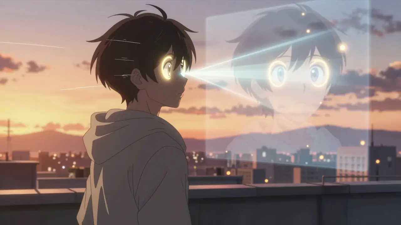 A person seeing clearly again, eyes glowing with divided light beams representing restored vision.