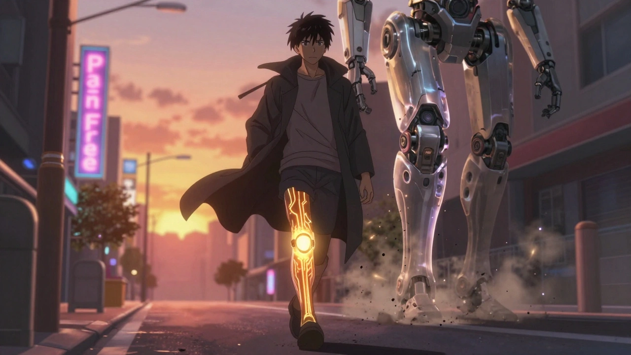 A person walks with a golden aura from their knee, while a broken robotic knee crumbles behind them.