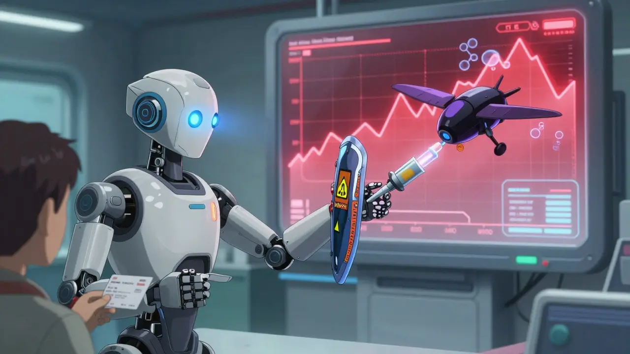 A pharmacy robot blocking a dangerous antifungal drone with a warning shield, while molecular levels rise in a hologram.