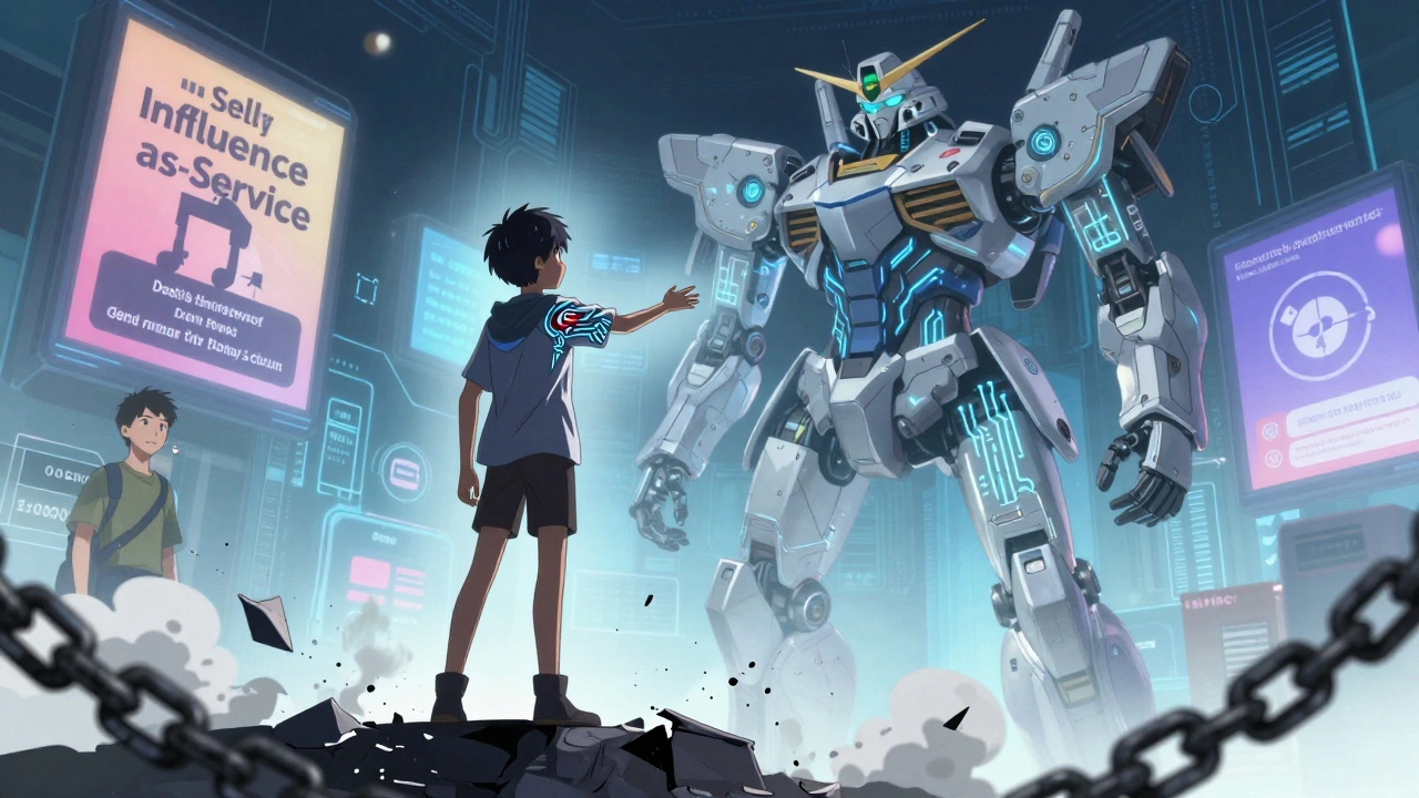 A teen choosing authenticity over algorithmic peer pressure, with a glowing quiet leader nearby.