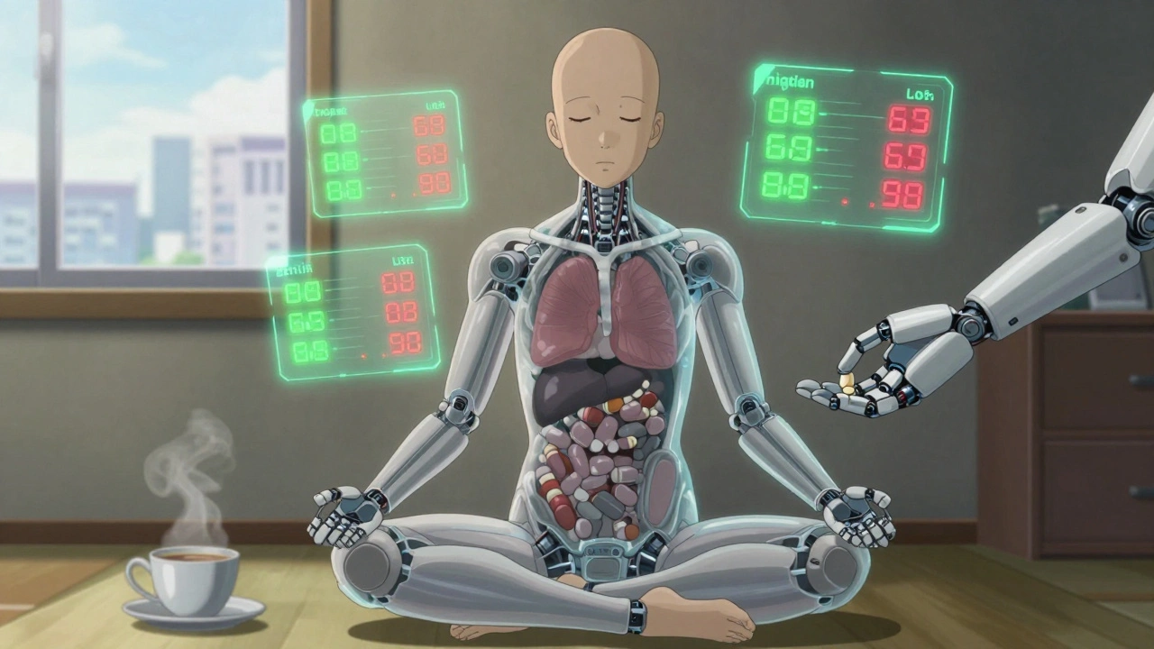 A transparent patient floats with holographic drug levels above them, a robotic arm delivering a pill in a calm room.