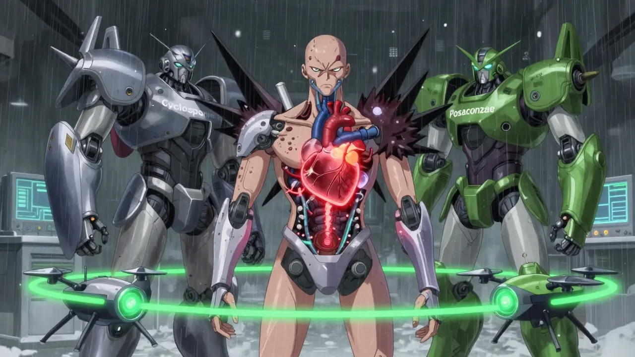 A transplant patient's mech under siege by immunosuppressant and antifungal mechs, with safer statin drones standing by.