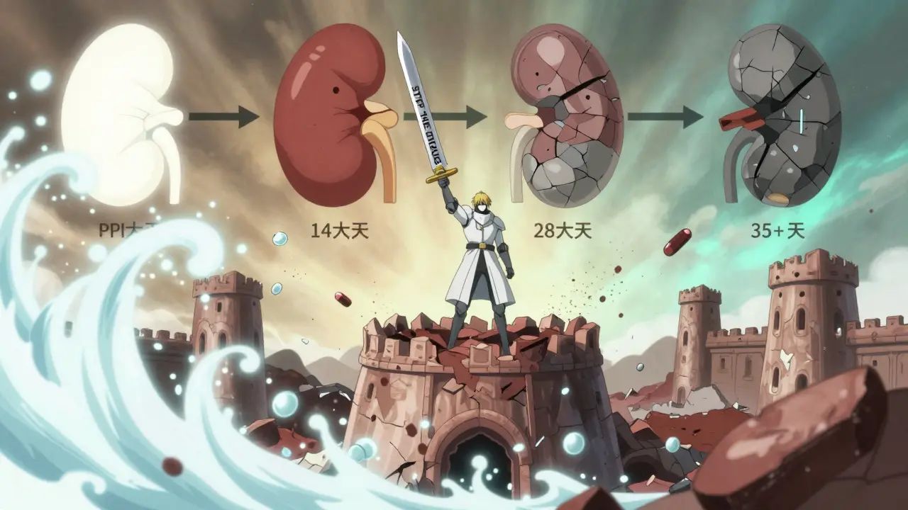 A warrior stands atop a kidney fortress, fighting immune cells while recovery timelines glow behind.