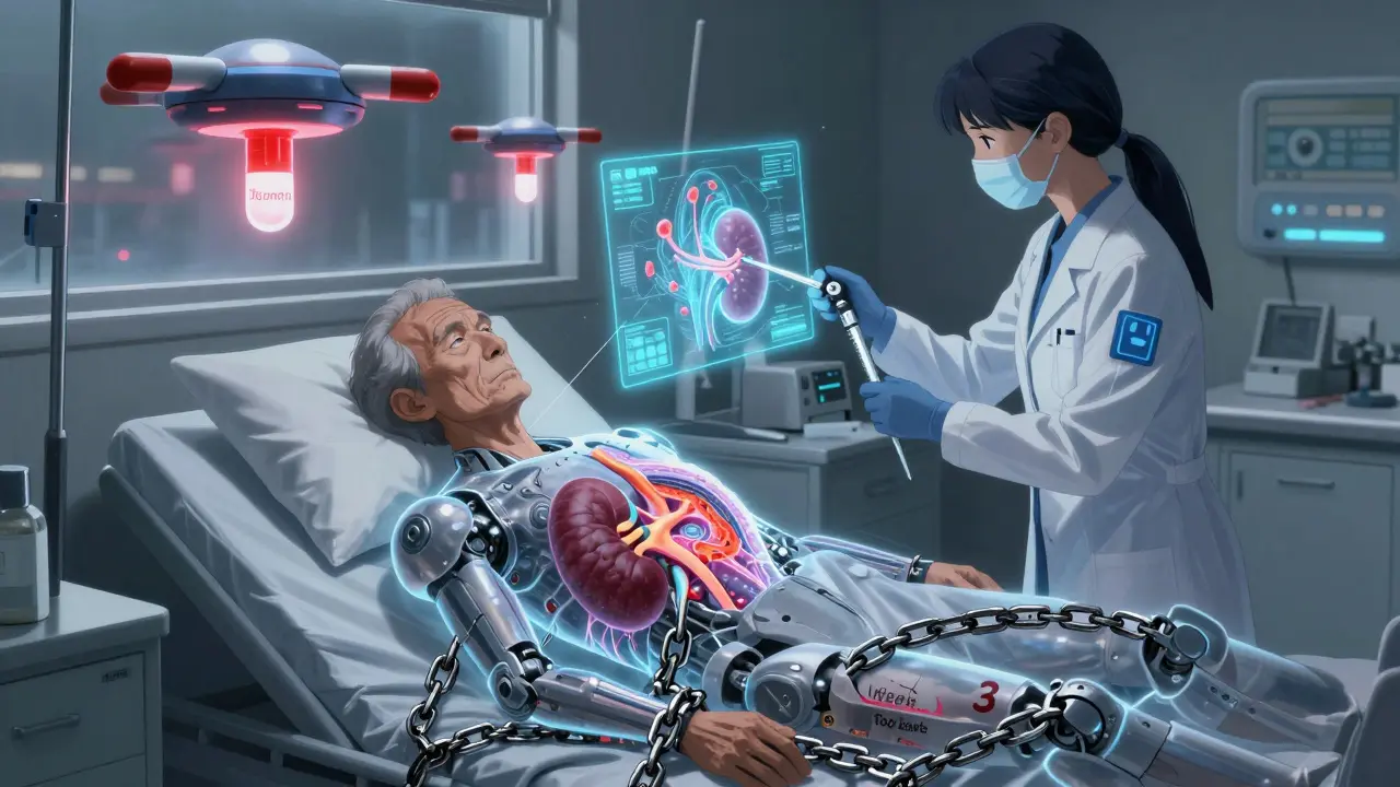 An elderly patient with a glowing damaged kidney mecha inside, being scanned by a doctor.