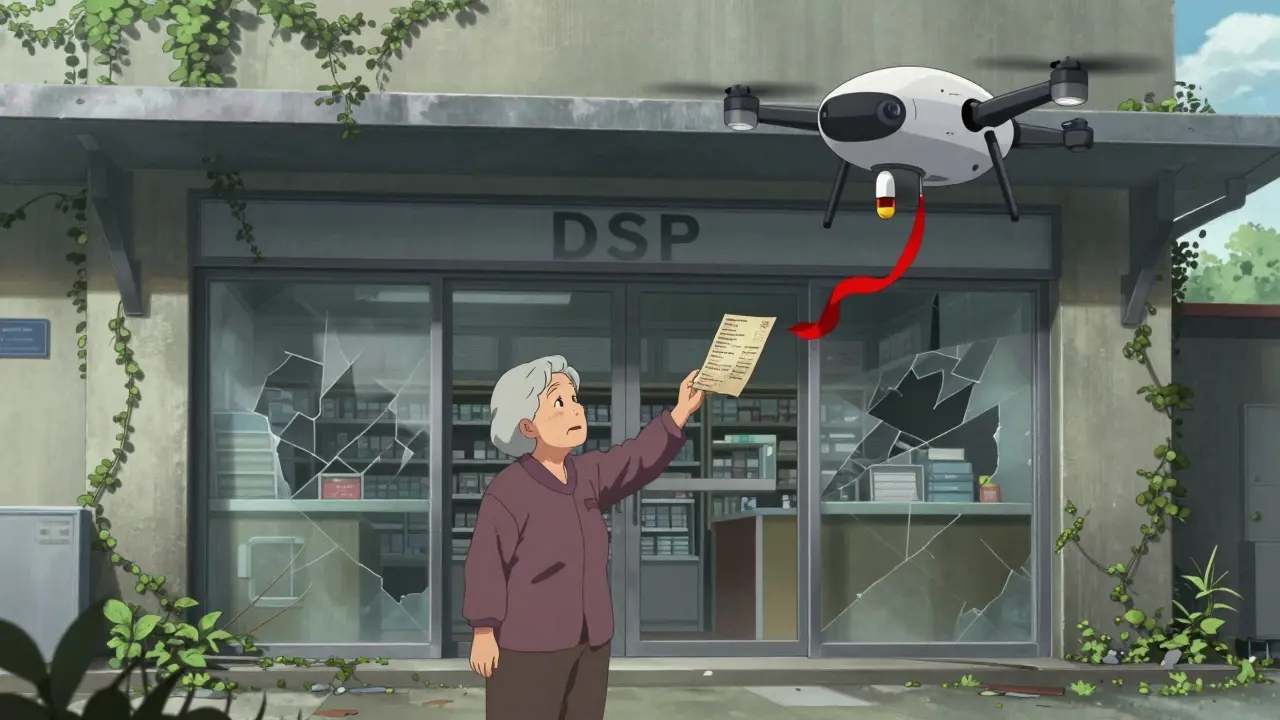 An elderly woman stands before a closed pharmacy as a delivery drone flies overhead, symbolizing lost access.