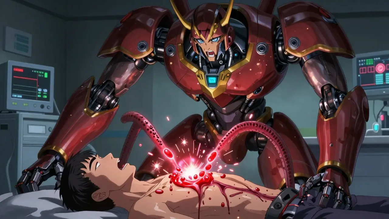 Armored mech absorbing blood thinner molecules from a bleeding patient in emergency setting.