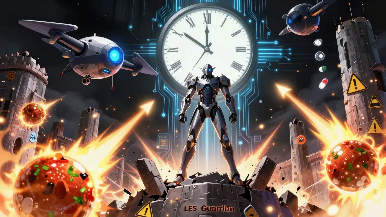 Armored warrior defending a crumbling sphincter fortress from exploding salsa bombs and antacid missiles.