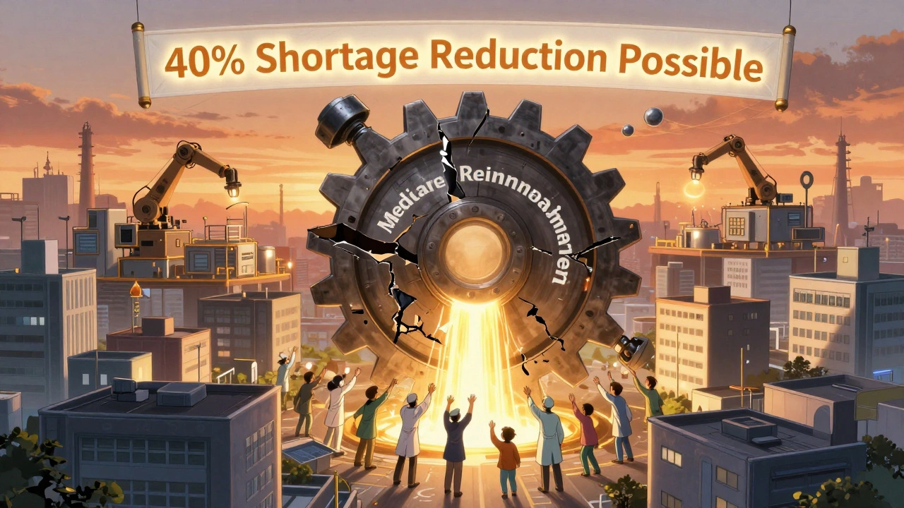 Broken reimbursement gear leaking light, healthcare workers reaching toward revival factories.