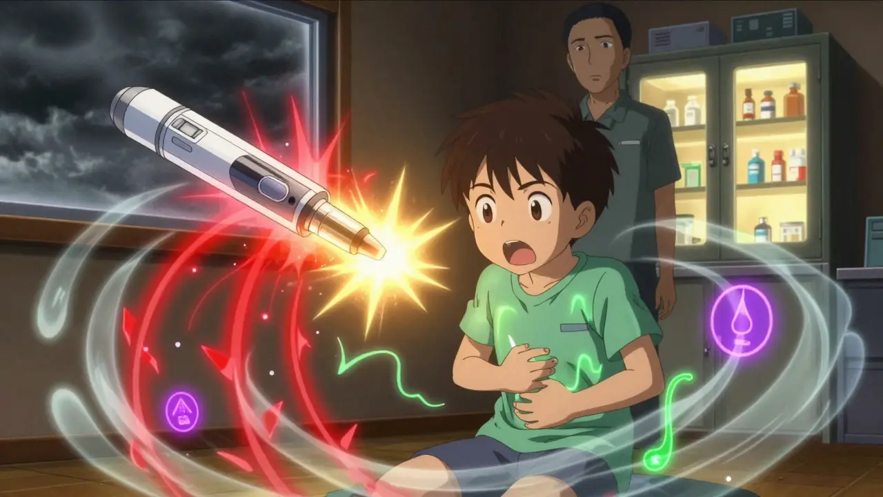 Child protected by glowing EpiPen energy field, neutralizing allergic reaction symbols.