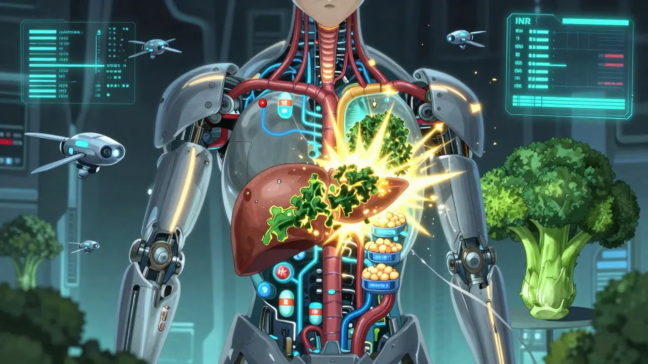 Internal body as a mechanical system with vitamin K crystals and warfarin drones maintaining stable blood flow.