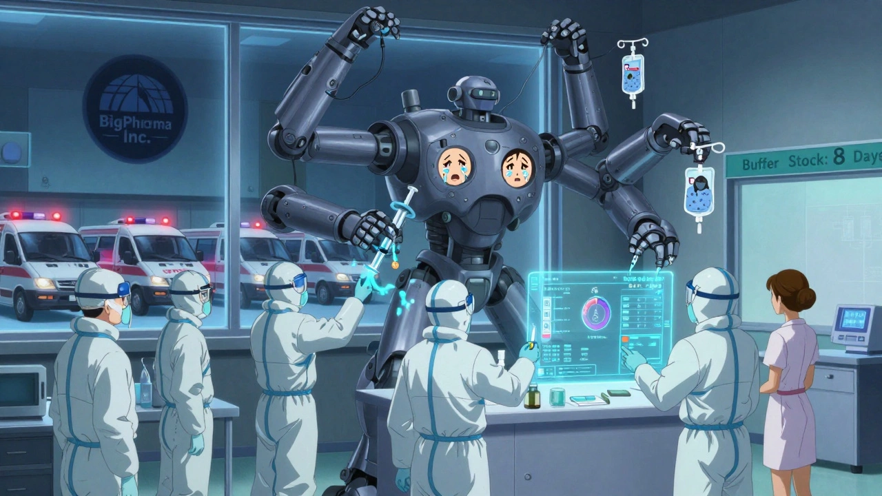Malfunctioning robotic pharmacy spilling patient faces, nurses monitoring holographic inventory.
