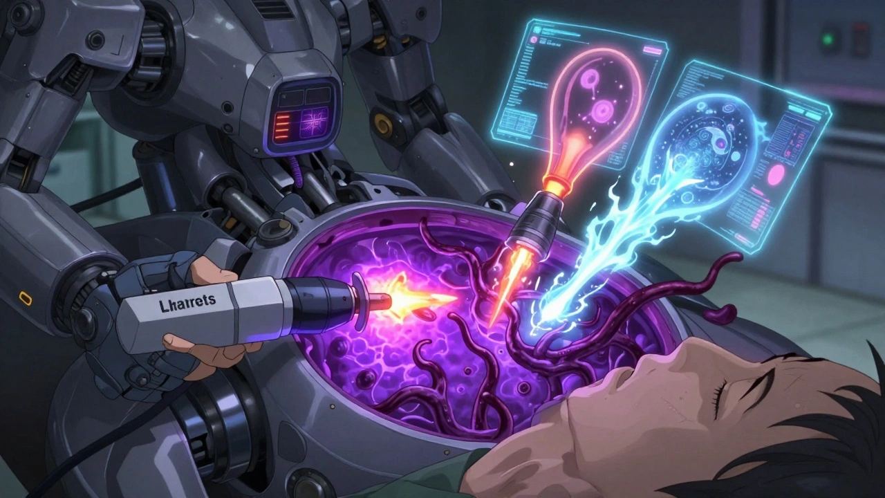 Open chest view showing RFA and cryoablation systems battling cancerous cells in a glowing esophagus.