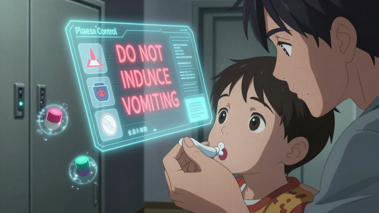 Parent carefully removes a medicated patch from child’s mouth while digital Poison Control instructions appear in hologram.