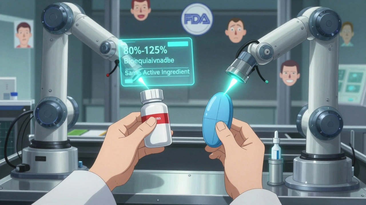 Pharmacist assembling two identical robotic pills with holographic bioequivalence data in a high-tech lab.