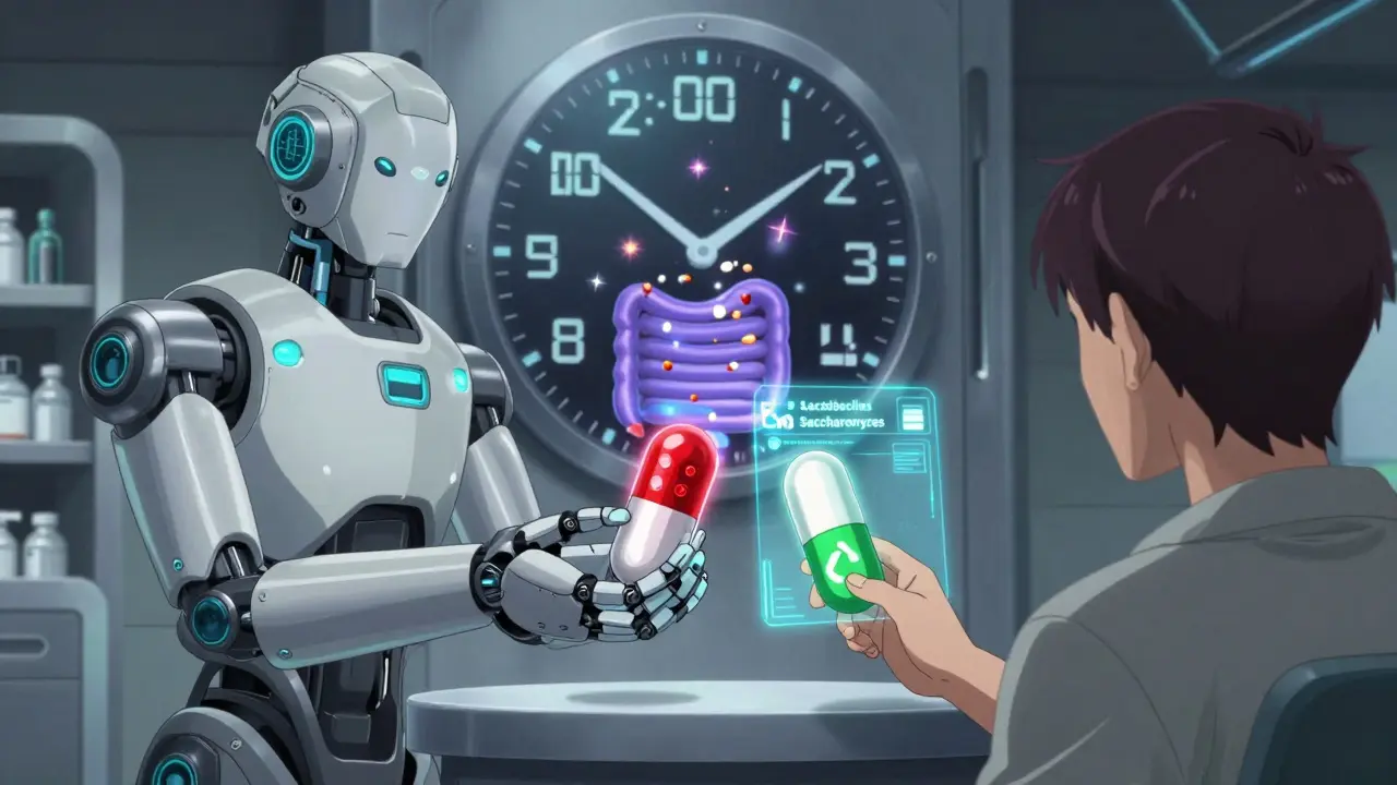 Robot pharmacist handing probiotic capsules with timing timers glowing beside antibiotic pills.