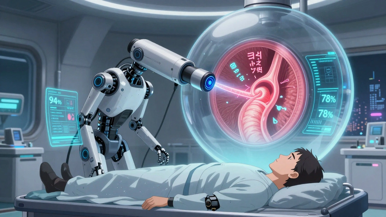 Robotic endoscope with AI eye scanning esophagus, projecting dysplasia warnings in glowing digital symbols.