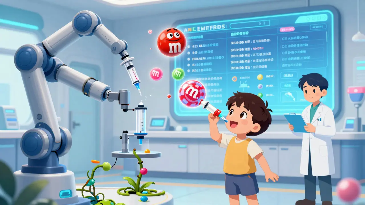 Robotic pharmacy dispenses flavored meds as child trains with glowing candy projections.