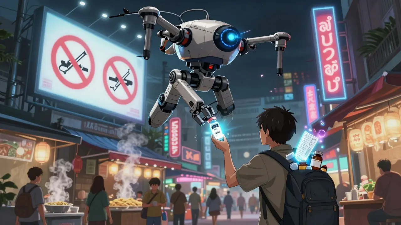 Robotic pharmacy drone delivering medicine to traveler in a neon-lit Southeast Asian street market.