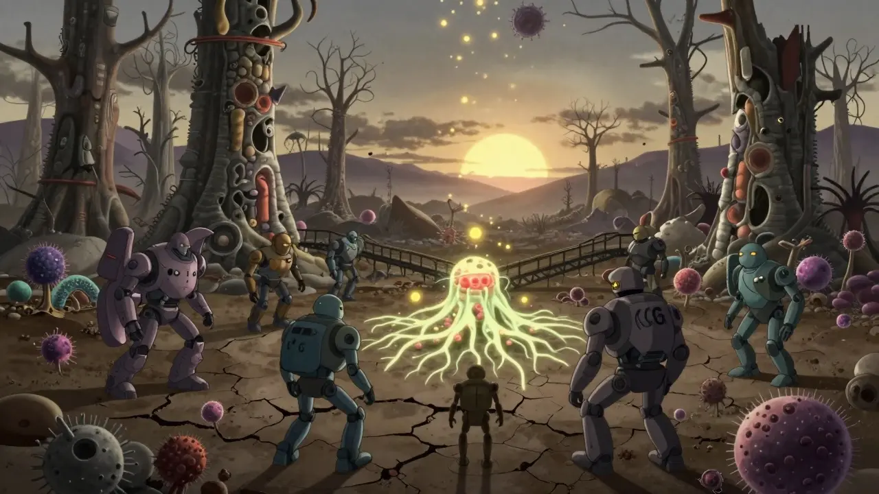 Ruined gut landscape being restored by glowing probiotic mechs as golden spores rise in the distance.