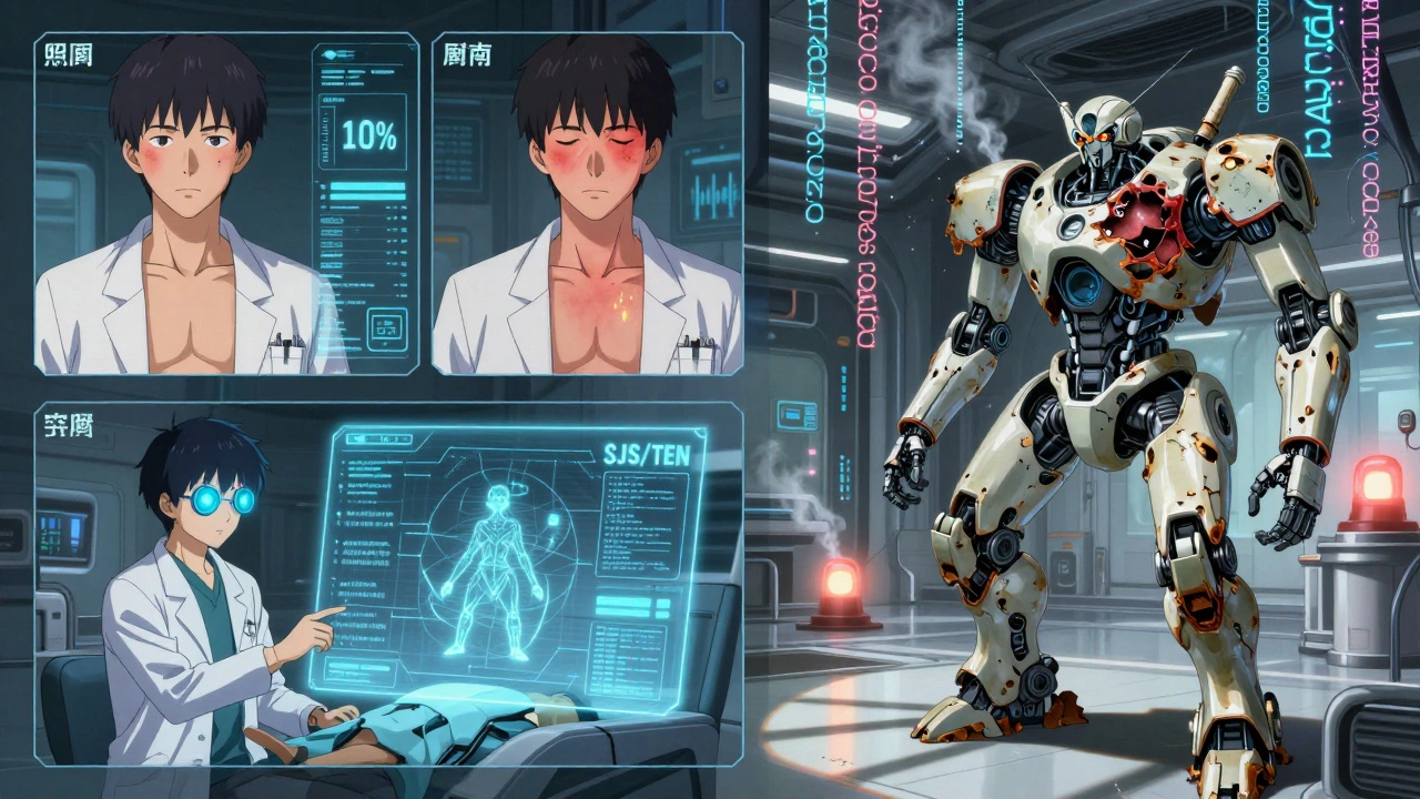 Three robotic doctors analyzing a patient’s holographic allergic reaction levels, with genetic code and skin-peeling visuals.