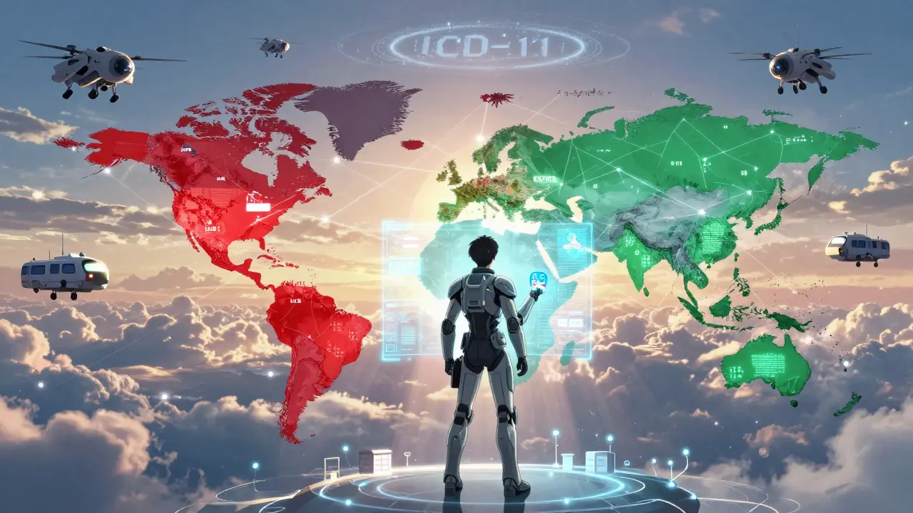 Traveler in medical exosuit connected to global health network with glowing prescription chip and warning zones.