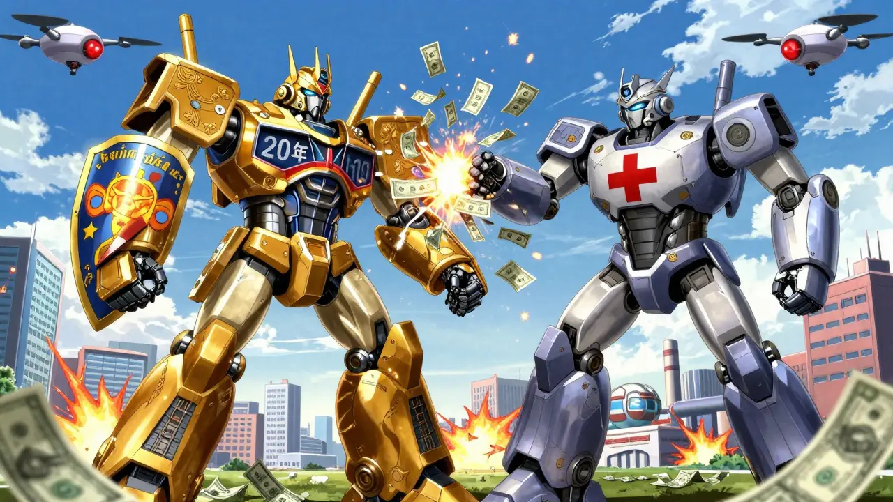 Two giant drug robots battle—one ornate brand-name mech, one simple generic mech—sparks flying as the generic shatters a price tag.