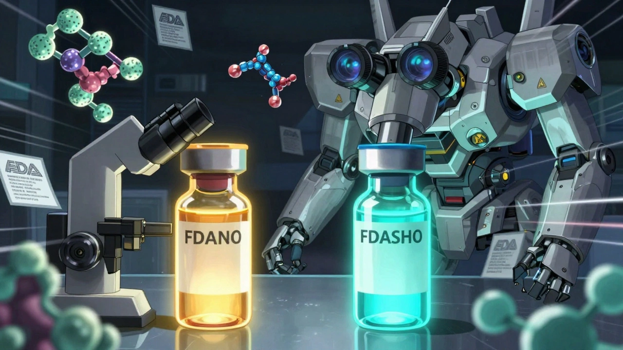 Two glowing biosimilar vials being analyzed by a robotic microscope amid floating protein structures and warning glyphs.