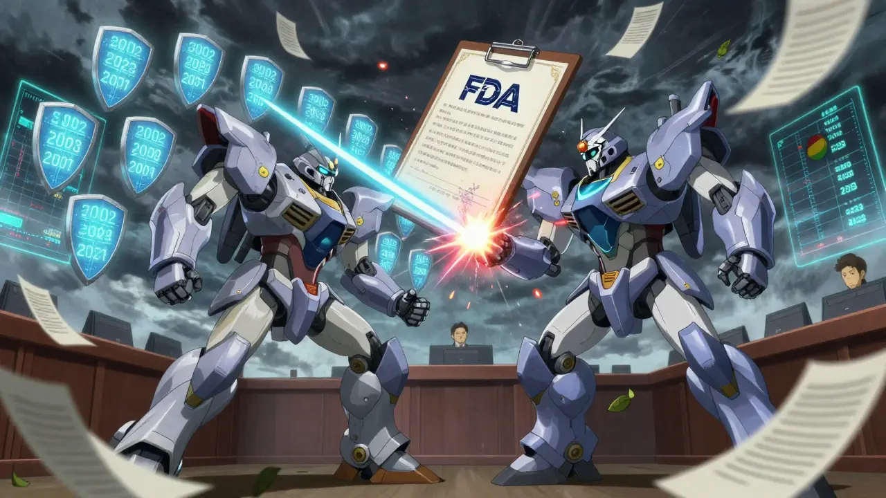 Two mechs battle over an FDA approval stamp in a courtroom, surrounded by floating legal documents and timelines.