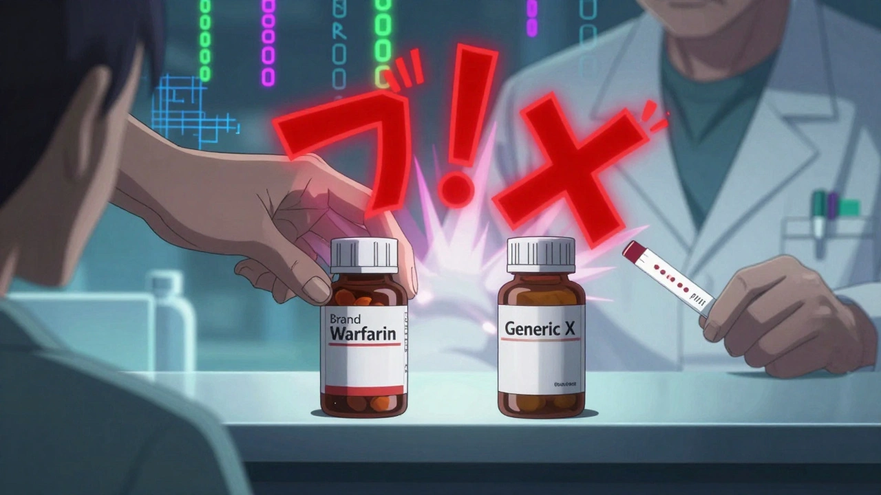 Two pill bottles on a counter trigger a shockwave of warning symbols as a patient holds a blood test strip.