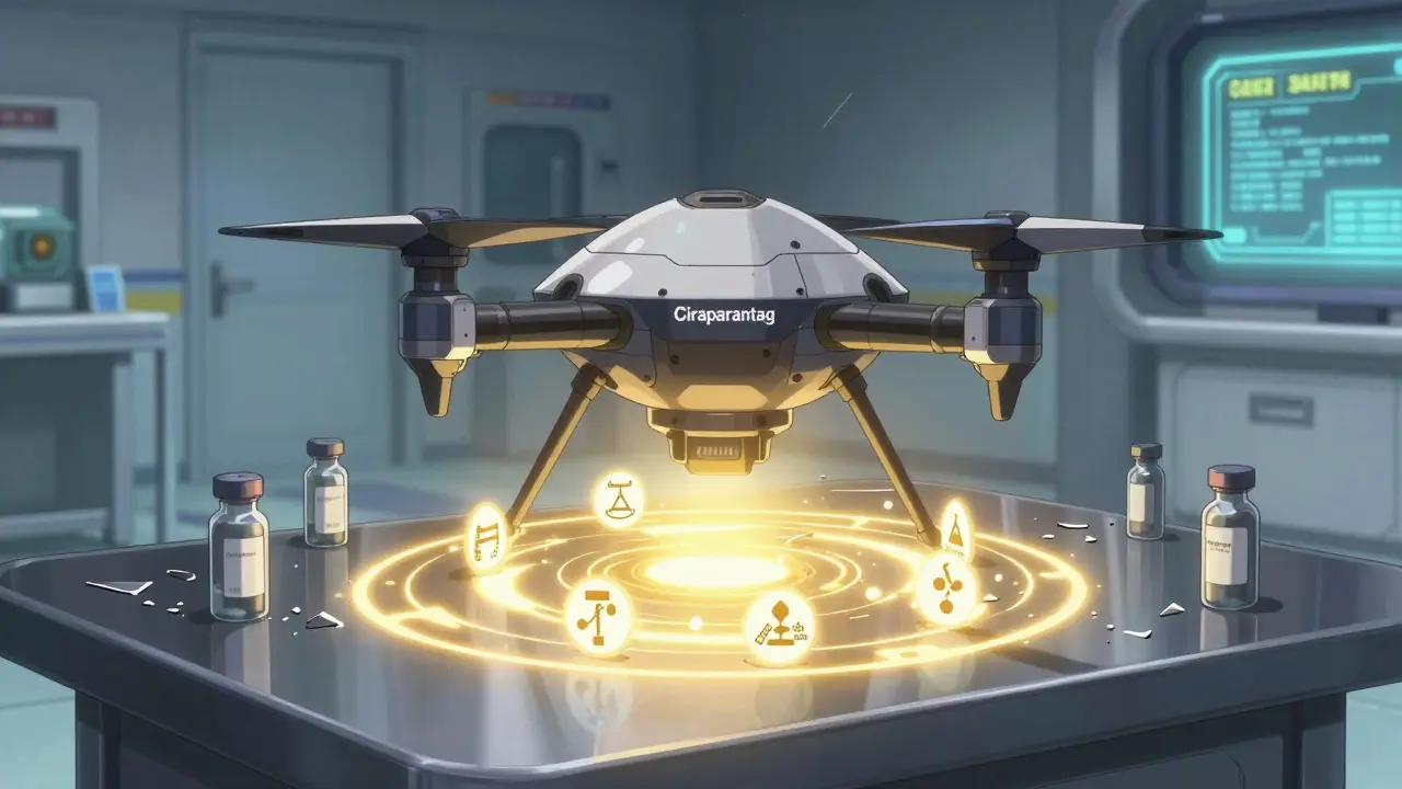 Universal reversal drone emitting golden energy to neutralize all anticoagulants at once.