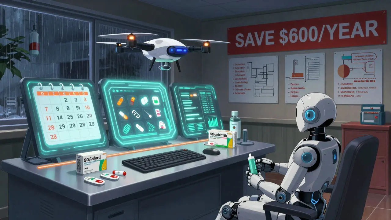 A control center displays floating calendars and drones syncing mail-order and local pharmacy refills.