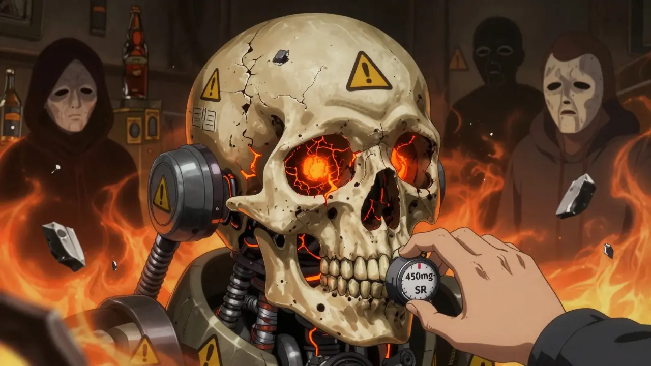 A cracking seizure reactor inside a skull with warning symbols and risk factors looming nearby.