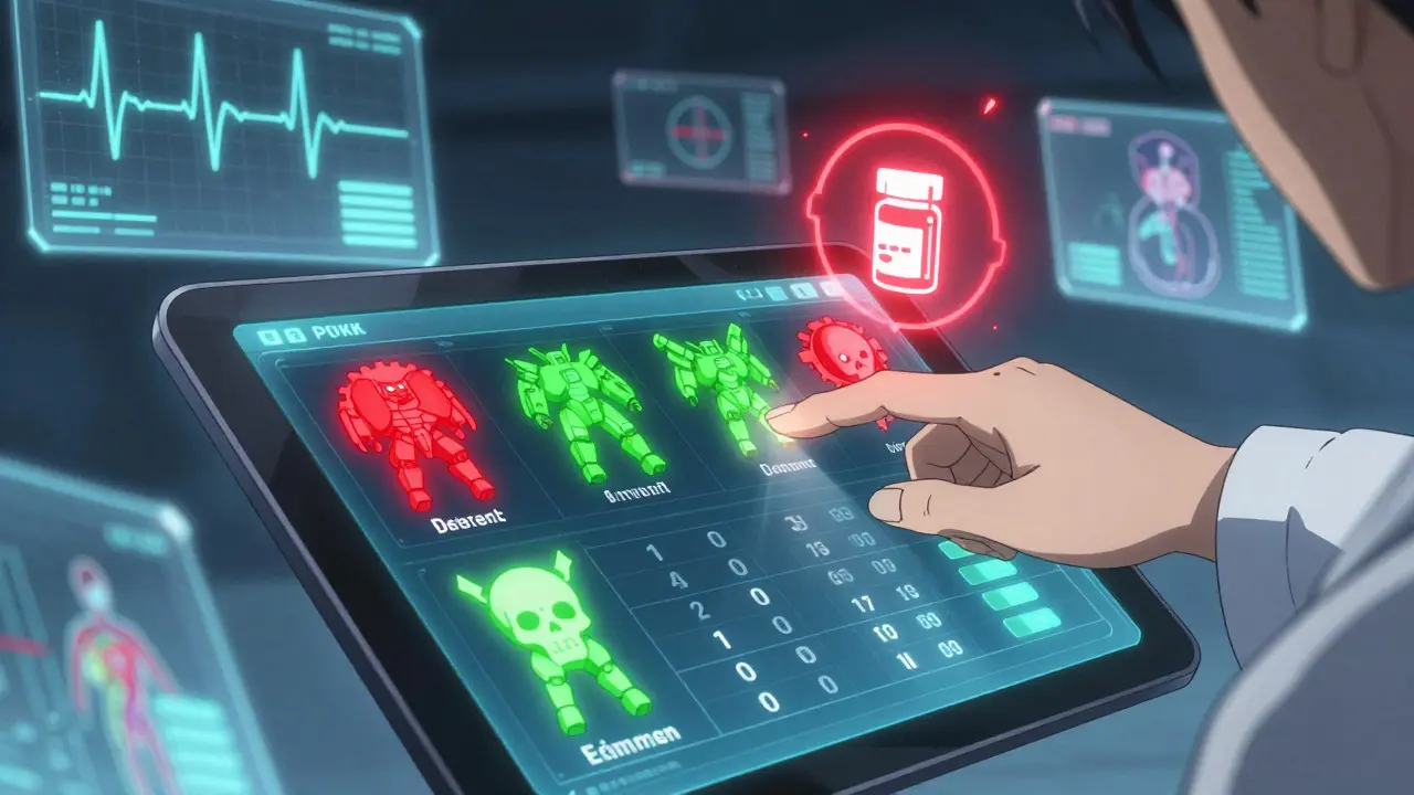 A doctor's hand activating a risk score calculator with mech-style icons for heart risks.