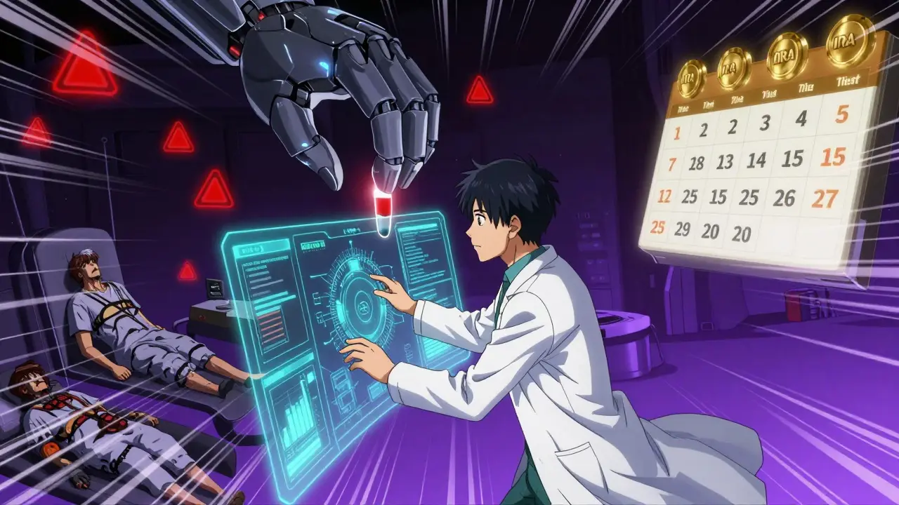 A doctor in a holographic command center manipulates drug tiers as patient avatars collapse, with glowing warnings and a 2025 IRA cap symbol in the background.