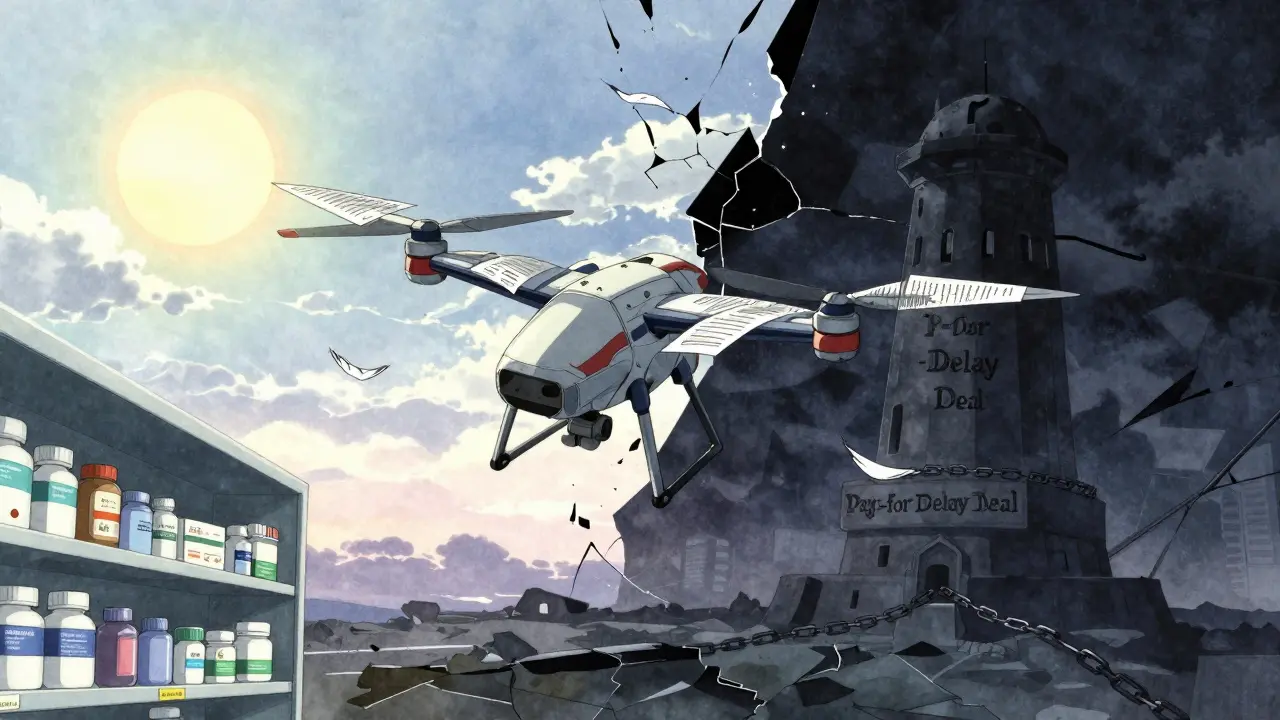 A drone flies through a fractured sky toward a pharmacy shelf, one side dark with pay-for-delay chains, the other bright with dawn light.