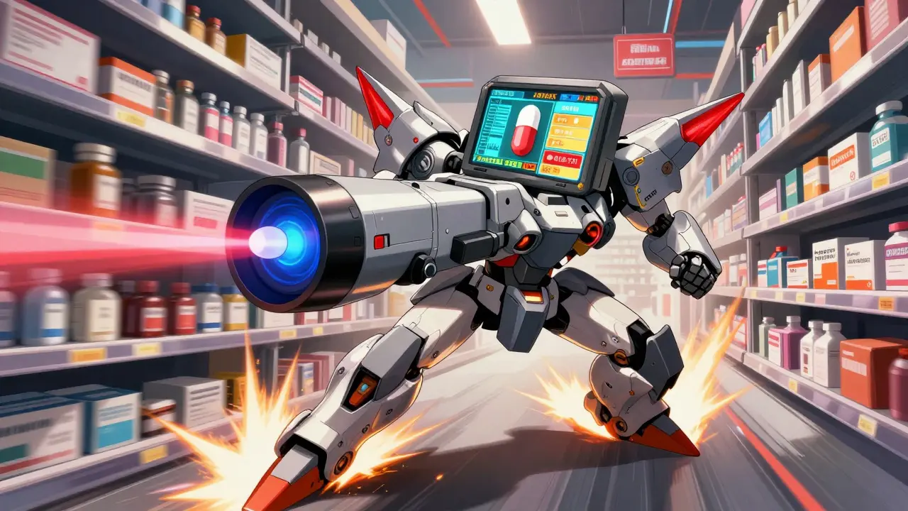 A fast mecha-scanner zips through a pharmacy, identifying pills with laser eyes.