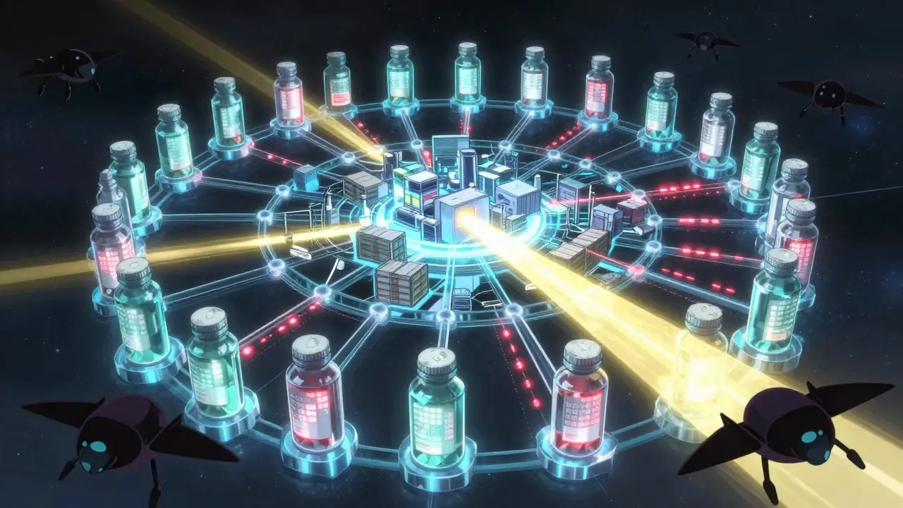 A floating digital ledger of serialized pill bottles connected by data streams, with counterfeit drones being erased by verification light.