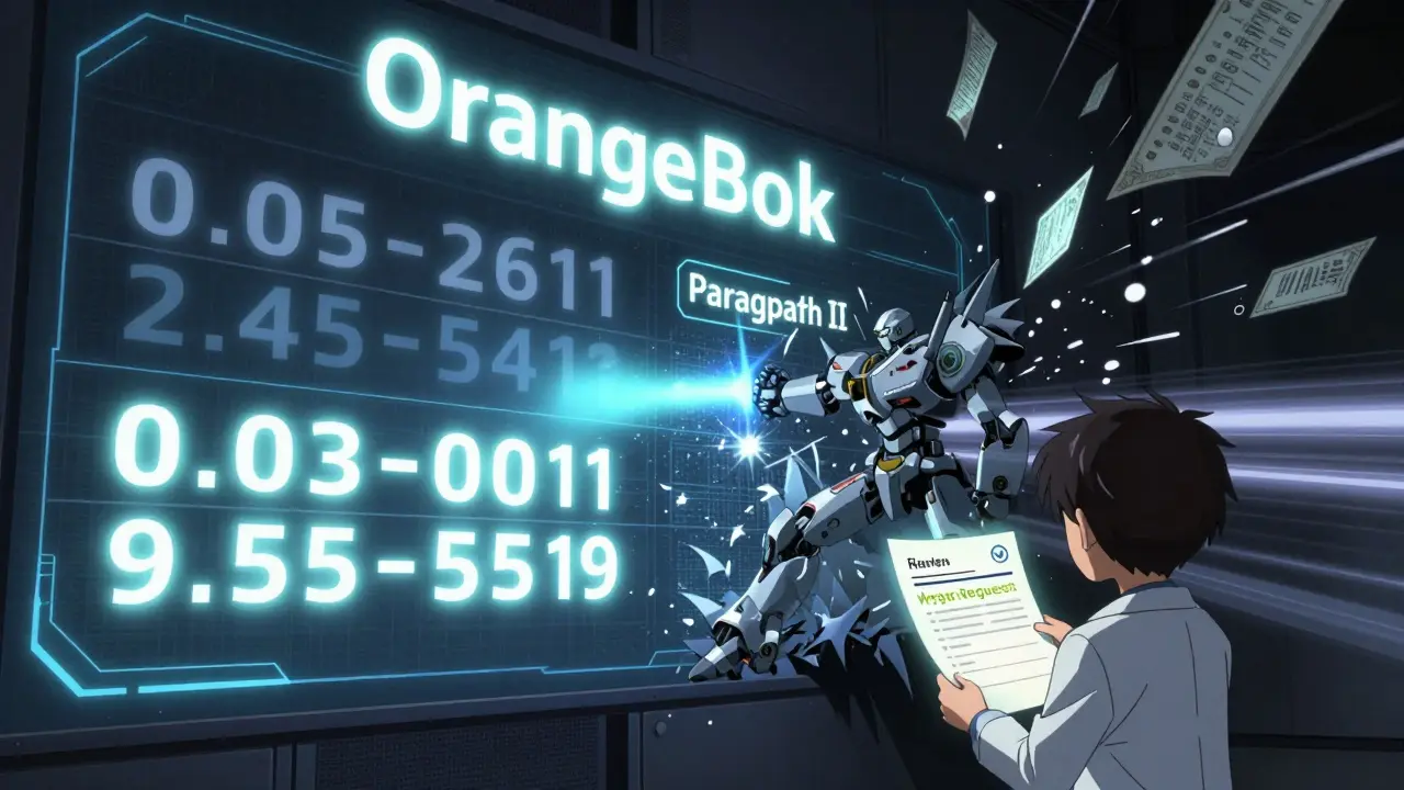 A generic robot attacks a digital Orange Book wall but is repelled by a glowing six-month exclusivity barrier.