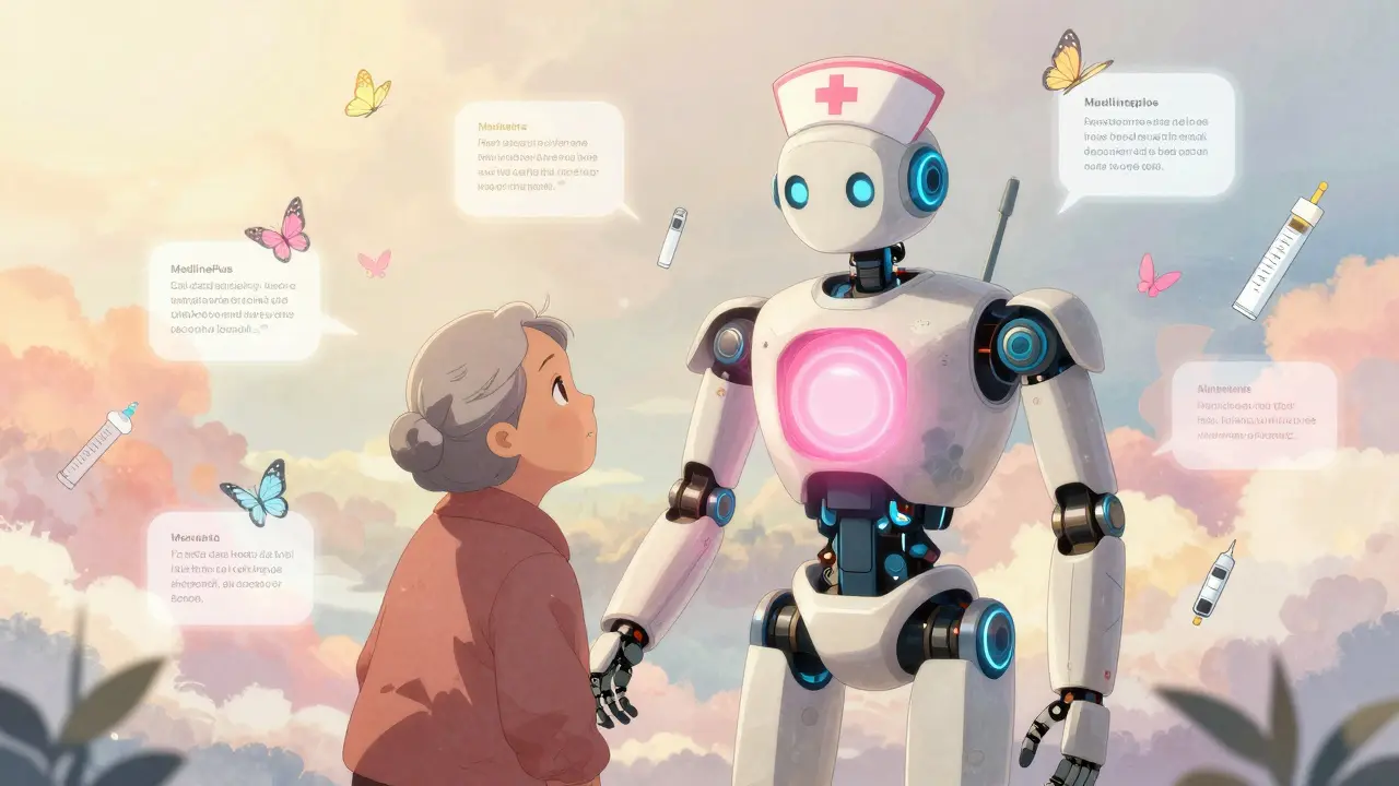 A gentle robot guides an elderly woman through calming digital drug information.