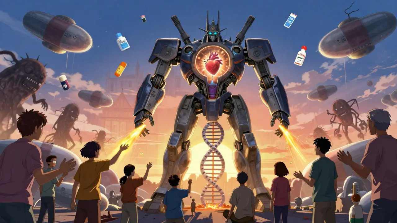 A giant gene-analysis mech emitting golden light to dissolve drug side-effect monsters, while diverse patients reach toward it in hope.