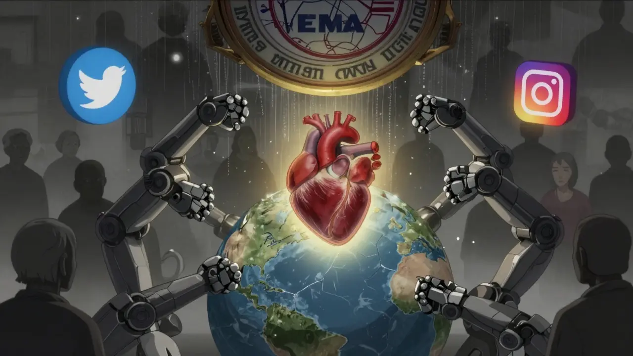 A globe surrounded by platform-linked mecha limbs channels patient voices toward a heart, while underrepresented groups fade away.