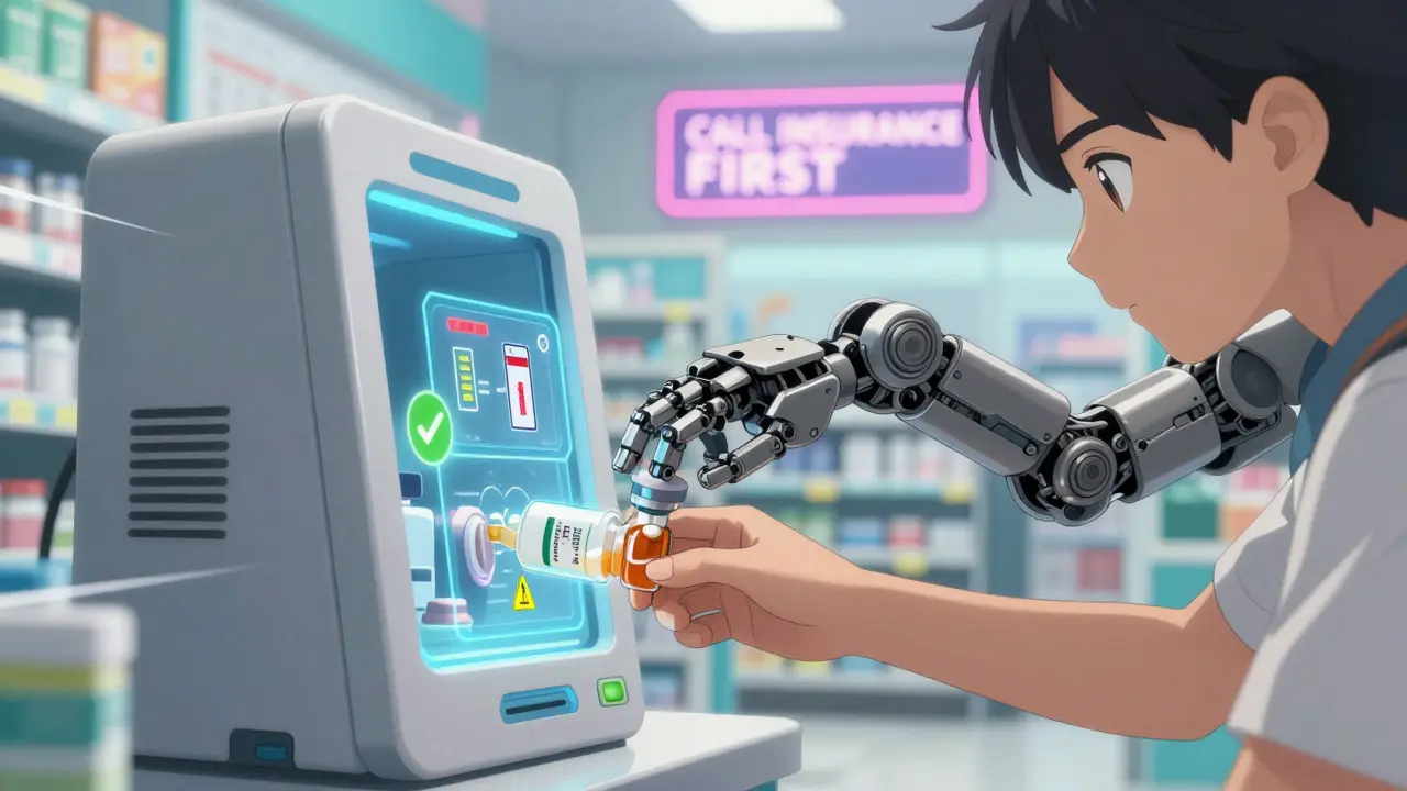 A hand places a pill bottle into a transforming pharmacy kiosk with holographic drug warnings.