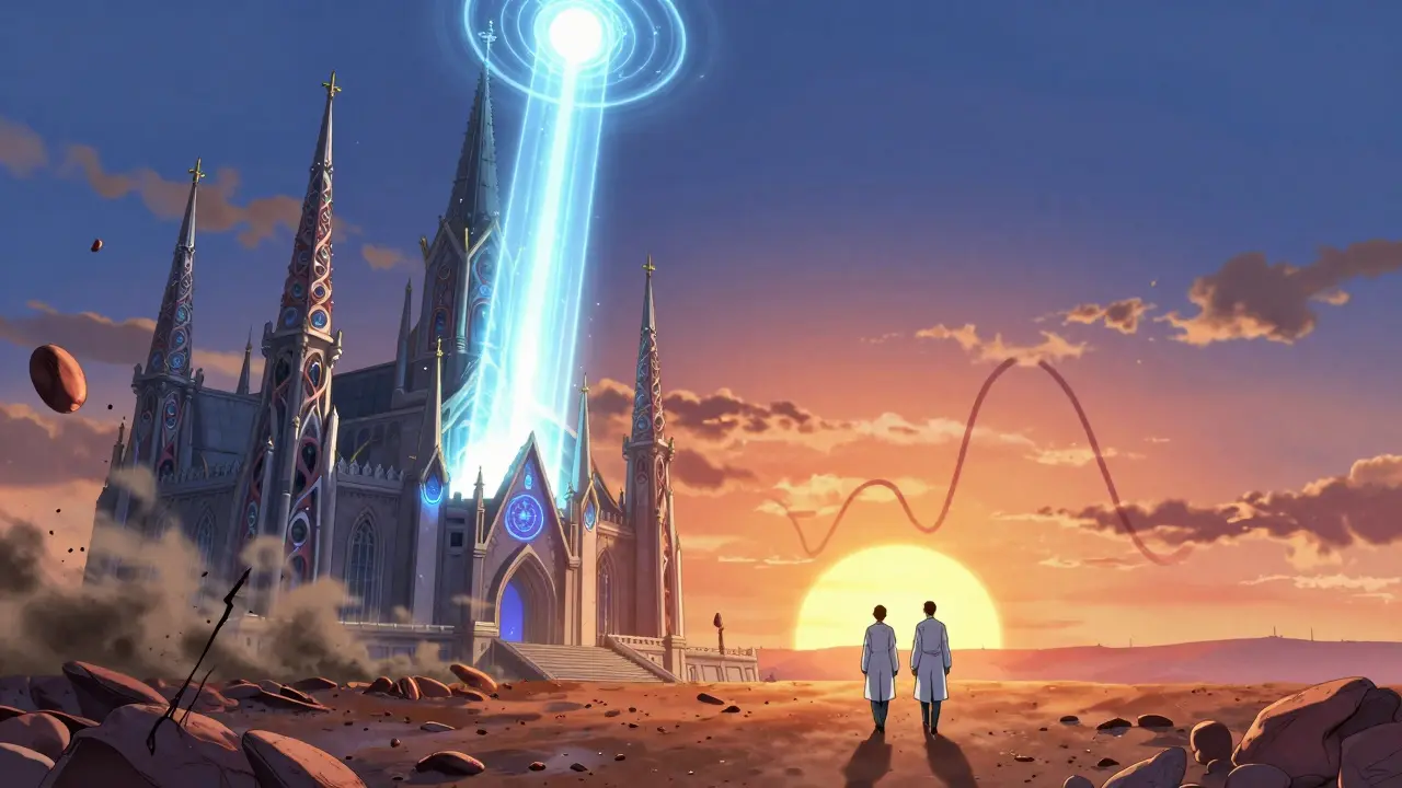 A healing cathedral of liver tissue destroying fibrosis monsters under glowing new drug beams.