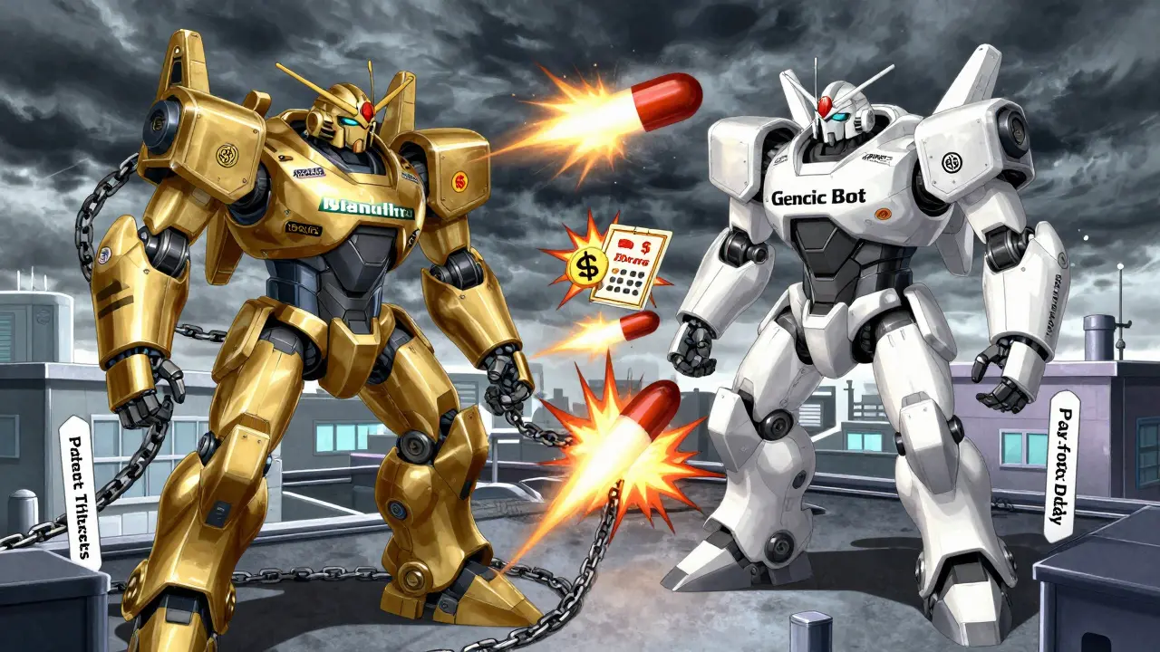 A mechanical battle between branded and generic drug companies with savings explosions.