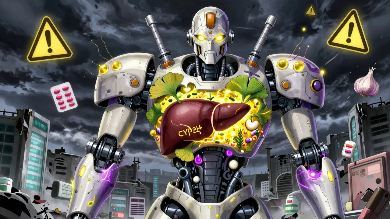 A monstrous supplement robot with liver-core overloads, crushing medications under electric purple light.