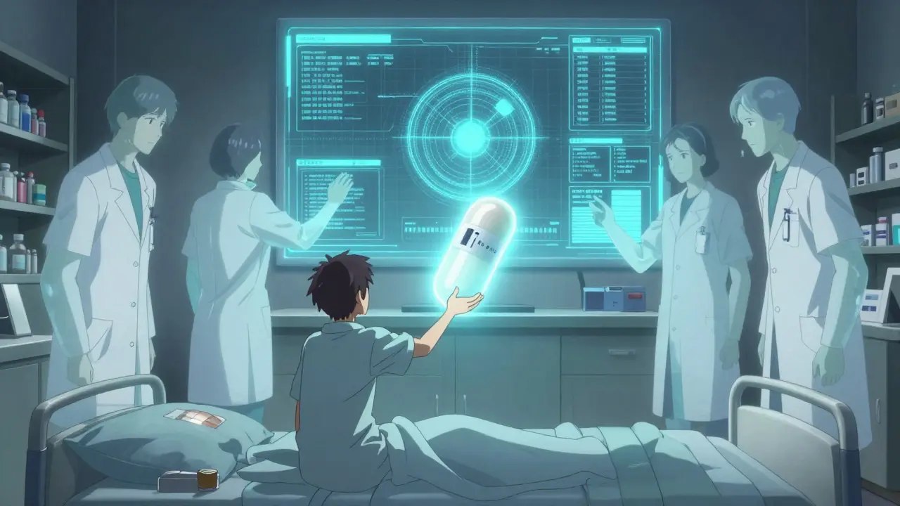 A patient reaches for a floating pill as digital guardians surround them, symbolizing safety reporting.