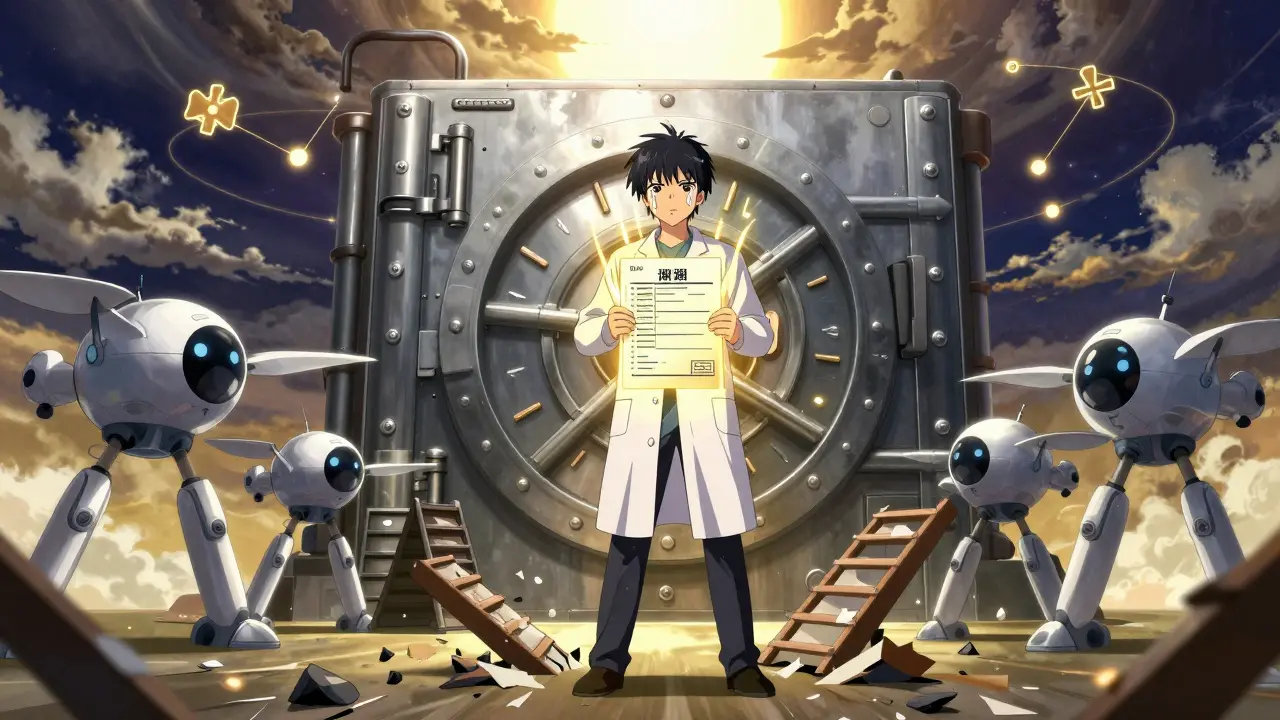 A patient stands before a giant insurance AI vault, holding a glowing exception letter as helper robots shield them, with crumbling pricing tiers and a sunrise behind.