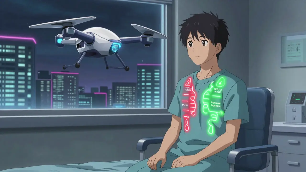 A patient with one side of their body glowing red from dangerous drug reactions and the other green with safe alternatives, watched by a hovering AI drone.